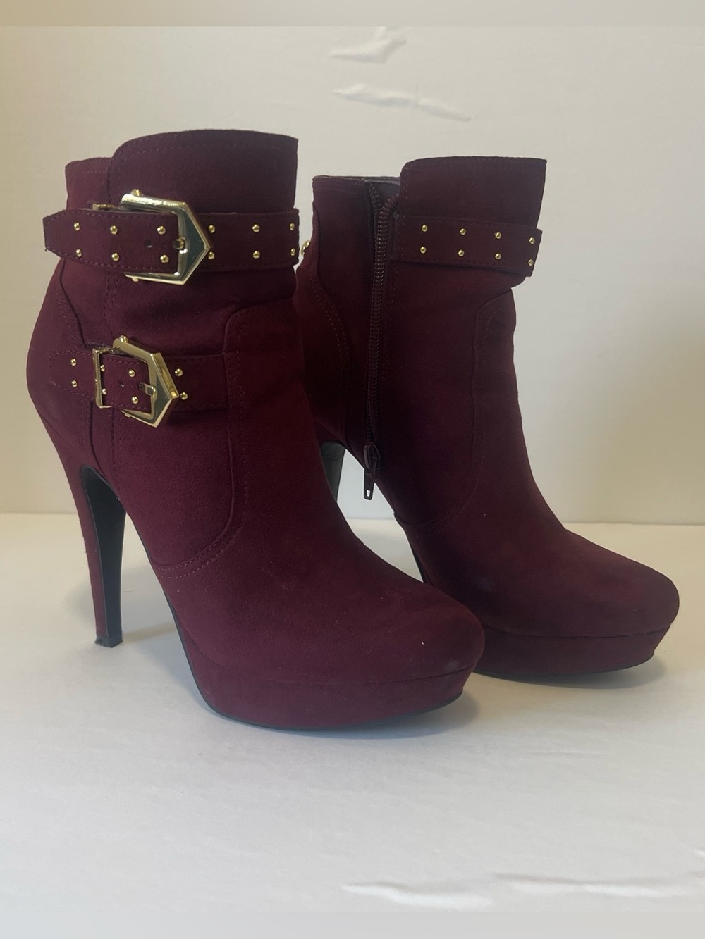 Guess Suede High-Heel Ankle Boots with Gold Buckles - 7